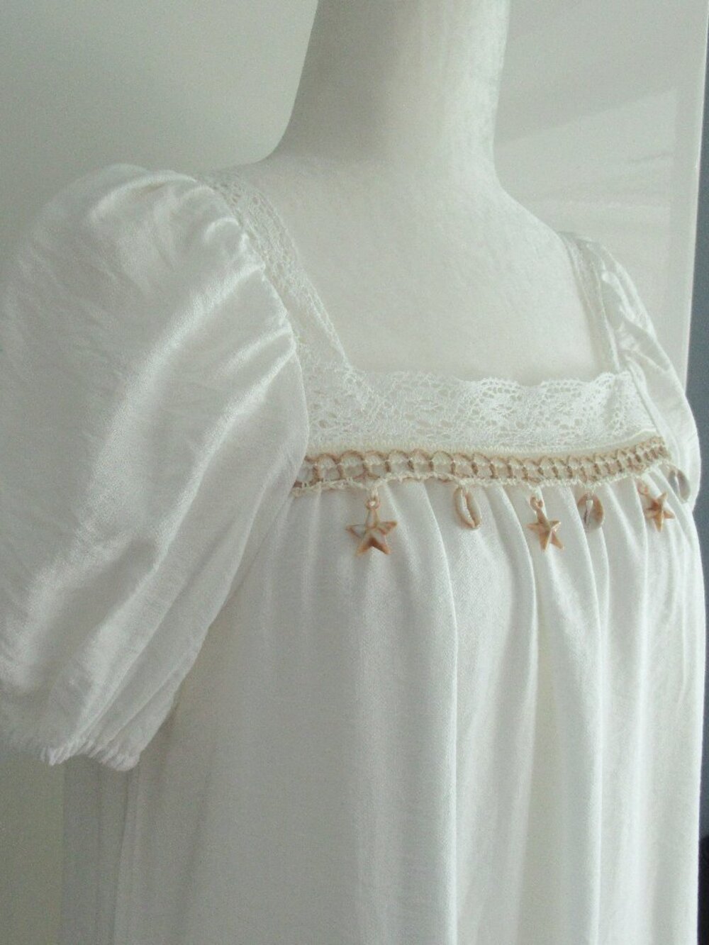 Flowy Summer Maxi Dress Sz S Lace Trim & Embellished w Seashells Fairycore White - Picture 7 of 13